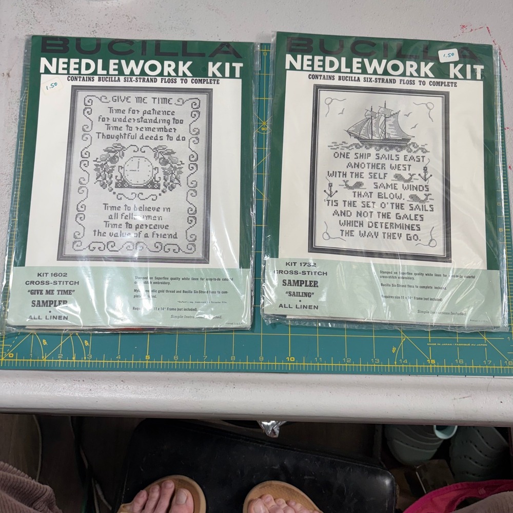 Vintage Bucilla Stamped Cross Stitch Kit Bundle Give Me Time & Sailing 1602 1732
